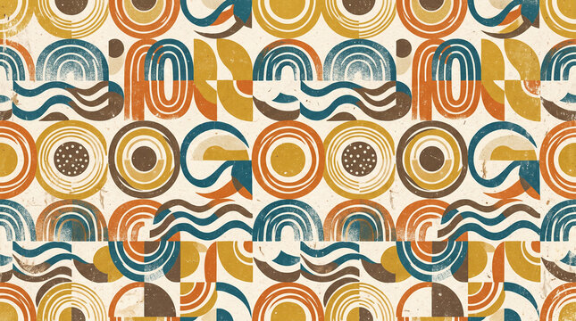 Seamless repeat pattern design with retro geometric shapes including circles and wavy lines in earthy tones creating nostalgic bohemian artistic visual texture surface wallpaper