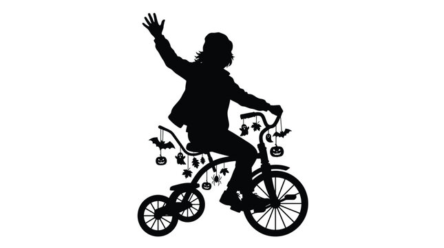 Halloween silhouette of a child riding tricycle decorated with festive pumpkins and spooky bats