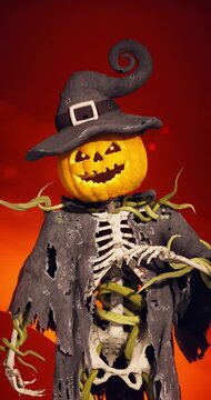 ￼Funny Halloween pumpkin head skeleton talking on orange background, 3D animation of a spooky jack o lantern with a witch hat