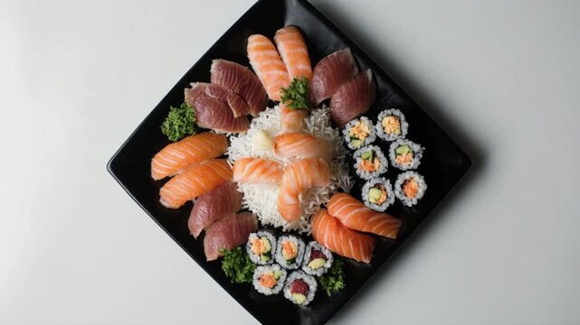 Sushi platter rotating in studio lighting with copy space for text overlay