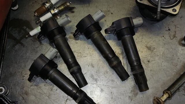 Close-Up View of Four Ignition Coils and Spark Plugs on Workshop Floor During Auto Repair