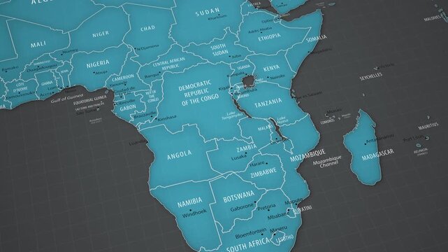 Animated political map showing Mozambique in Southern Africa with smooth camera movement. Detailed geographic view with national borders, neighboring countries, capital and surrounding regions.