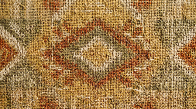 Woven fabric texture with detailed textile pattern in natural earthy tones close up view of handmade cloth with geometric design vintage rustic weaving