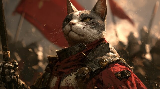 A warrior cat with battle scars wears intricate medieval armour and shows a serious expression amidst a violent battlefield scene.