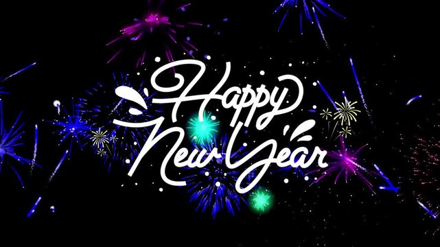Animated Happy New Year text with fireworks and bokeh lights in cinematic motion