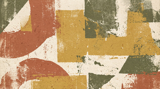 Geometric abstract shapes collage with vintage color palette on textured paper, retro art with distressed paint brush strokes and halftone dots for graphic design backrounds