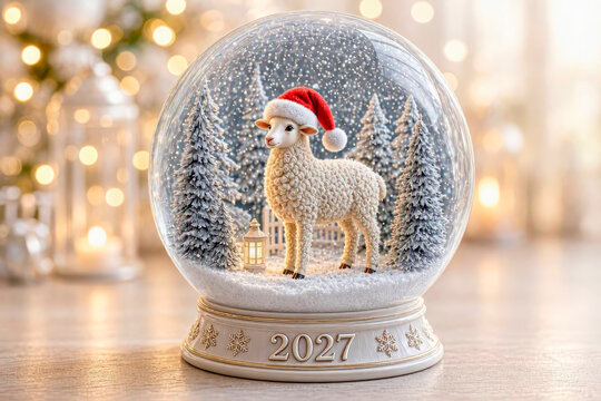 A glass shimmering ball with a cute sheep in a Santa hat on a festive Christmas background. Symbol of the New Year.