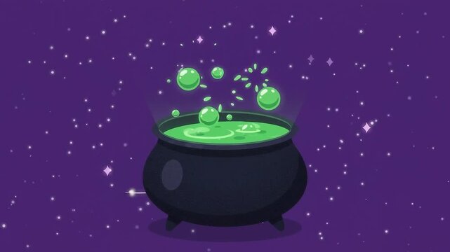 Spooky season witch cauldron boiling green potion with magical bubbles on purple background