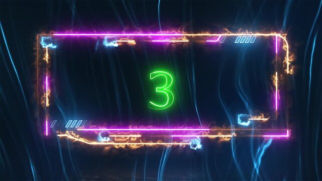 Fire neon light rectangle frame loop animated on blue smoking background. Burning neon lights frame box animation with neon 3,2,1 lets go, Game concept. Ready, set, go! Countdown intro