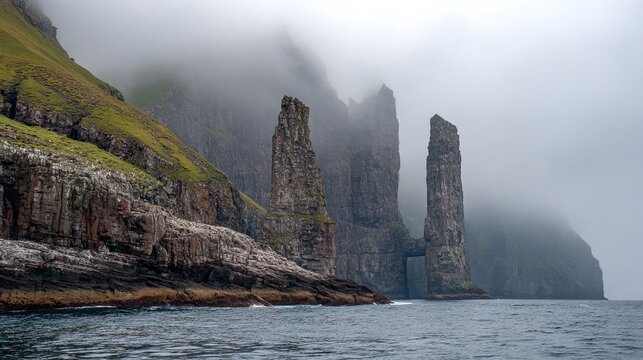 Dramatic sea stacks and rock arch formation on foggy coastline.