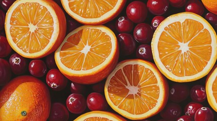 Fototapeta premium Vibrant orange slices and crimson cranberries beautifully arranged, showcasing freshness, ideal for healthy food themes