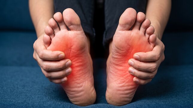 Person holding their painful feet with red highlights indicating discomfort while sitting on a couch