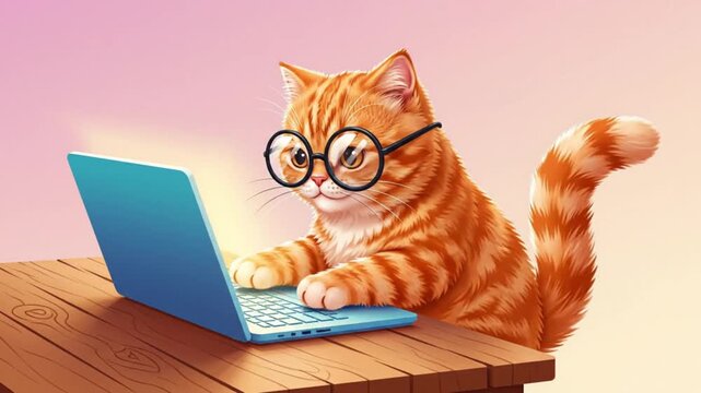 Cute ginger cat with glasses typing on a blue laptop at a wooden desk, digital illustration