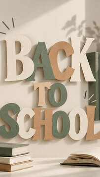 Textured back to school lettering in sage green, cream, and tan above stacked and open books, with soft sunlight and leafy shadows on a neutral background.