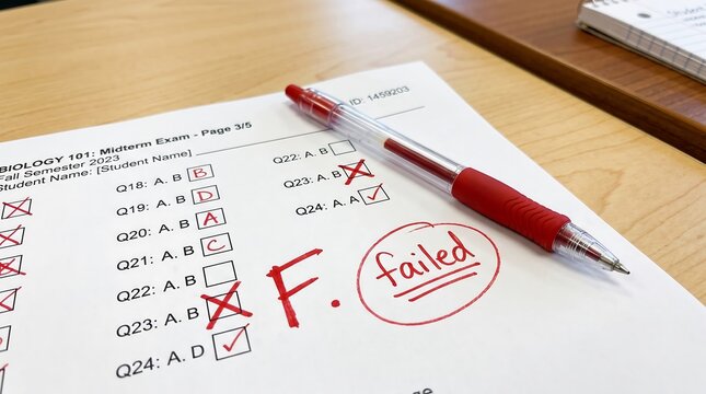 Failed academic exam paper with a red pen on a wooden desk surface