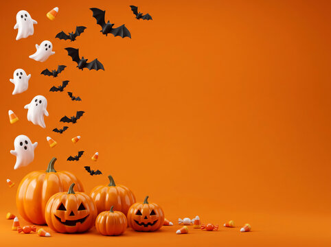 Halloween Background with Pumpkins Ghosts and Bats on Orange Surface 3D Rendered Festive Minimalist Banner Template with Copy Space for Marketing