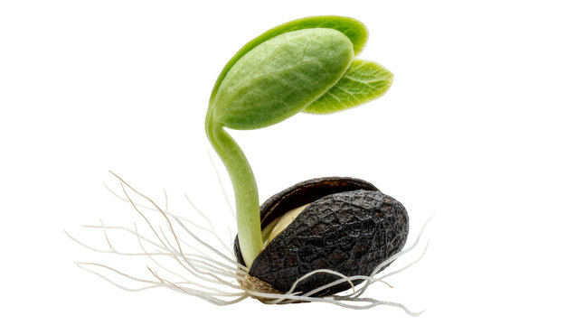 Dark textured seed sprouting with green leaves and white roots, isolated on transparent background