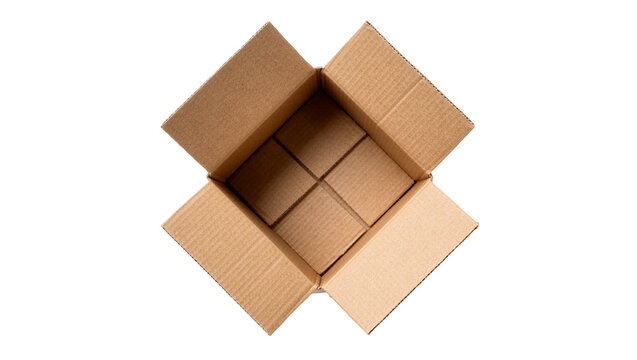 Open cardboard box with four small cube packages inside, isolated on transparent background