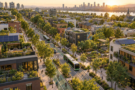 A leafy urban neighborhood with buses, cycling lanes, rooftop gardens, and solar panels overlooks a river and city skyline in warm sunset light.