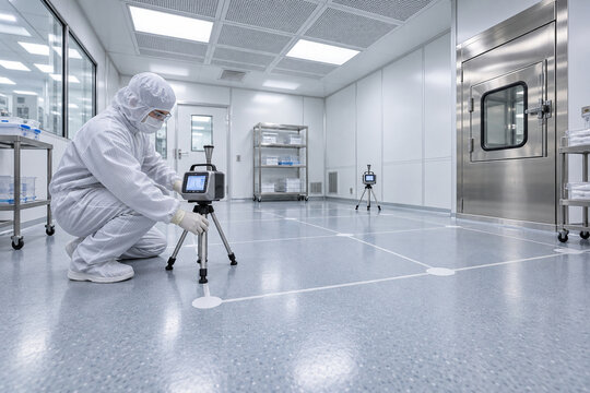 A technician in full protective clothing adjusts air monitoring equipment on a tripod inside a bright cleanroom with stainless steel fixtures.