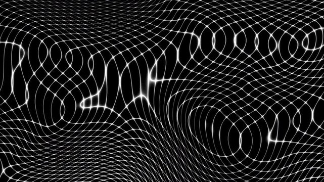 Animated abstract technology dark loop background random dots and grid 4K. White mesh on black background