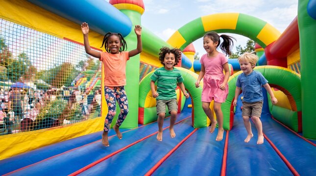 Diverse group of happy children jumping and playing in a colorful inflatable bounce house at an outdoor event