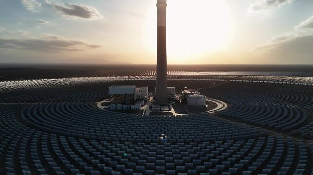 Aerial view of a tower solar thermal power station with heliostats