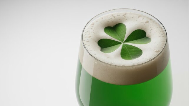 Against a light background, there is a glass glass with a green festive drink; the thick white foam is decorated with a four‑leaf clover. Photo with space for text.