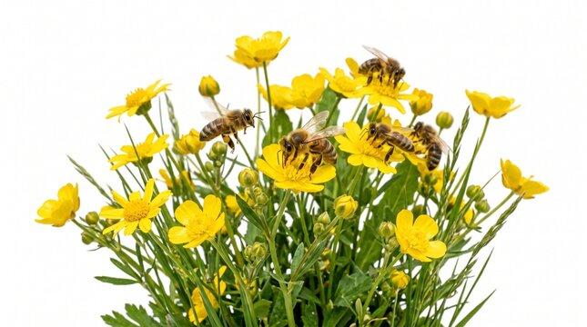 Bees collecting nectar from bright yellow buttercup flowers on a white background