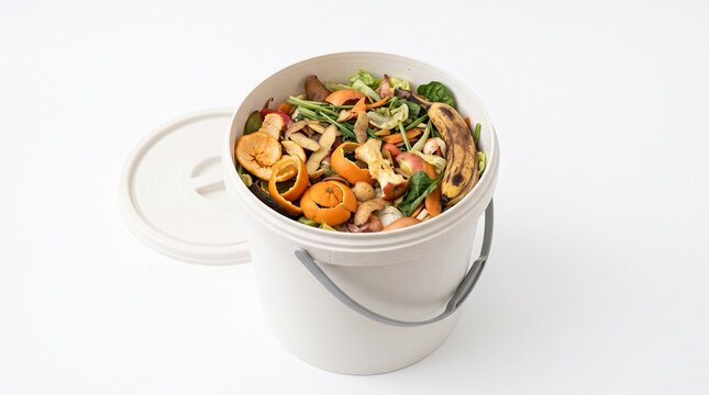 Kitchen compost bin filled with organic food scraps and vegetable peels