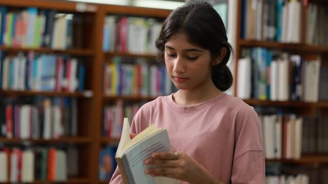 Young Indian teenage girl smiles and selects blue book. Her fingers gently touch the cover's edge. Behind her, wooden shelves hold many books. Education, Back to school