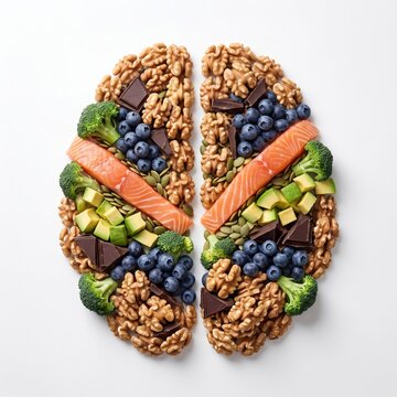 Healthy superfoods including walnuts blueberry and chocolate forming cerebral hemispheres on white background for cognitive health nutrition and diet advertising campaign