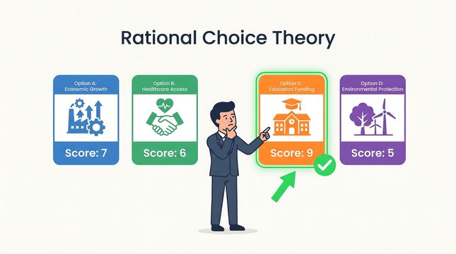 Businessman evaluating rational choice theory options with education funding selected as highest score in flat vector graphic style for political science
