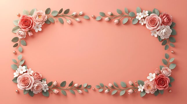 Floral frame with pink roses and leaves on a soft coral background with copy space