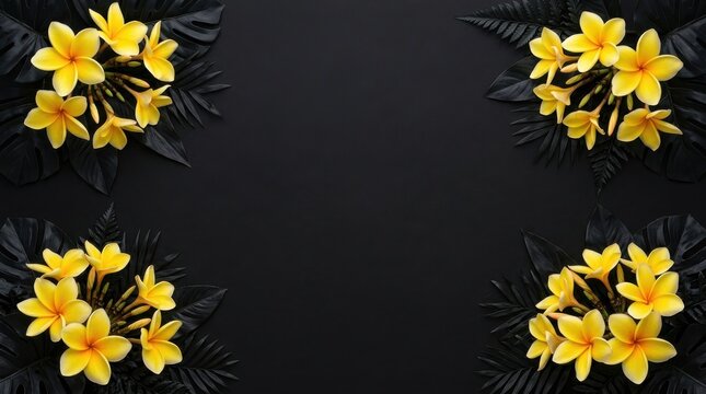 Yellow plumeria flowers and dark tropical leaves arranged in corners on a black background, flat lay composition for greeting cards and invitations