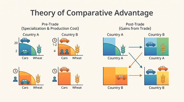 Theory of comparative advantage economic diagram showing specialization and production gains between two countries in flat vector graphic style