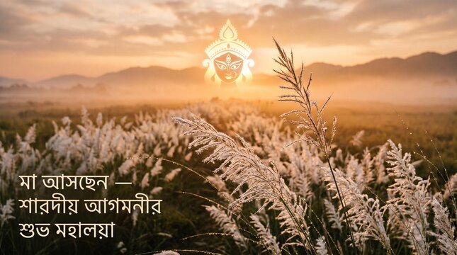 Durga Puja festival photo with white kash grass, glowing goddess silhouette, and sunrise landscape