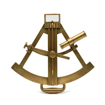 Antique brass sextant navigation instrument isolated on transparent background