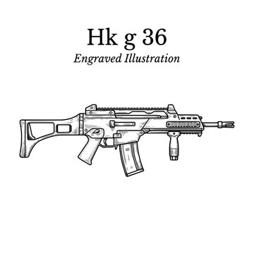 Hk g 36 engraved illustration shows detailed line art of a modern firearm