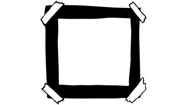 Black hand drawn square frame taped to a white surface with sticky tape adhesive tape white background doodle frame sketch polaroid photo