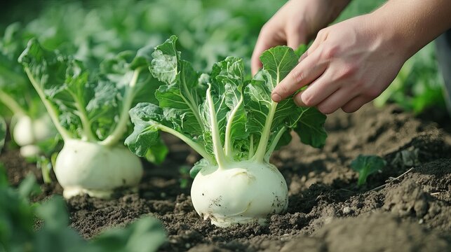 Hands gently harvest fresh turnips from fertile soil, representing sustainable agriculture and a healthy, organic food source