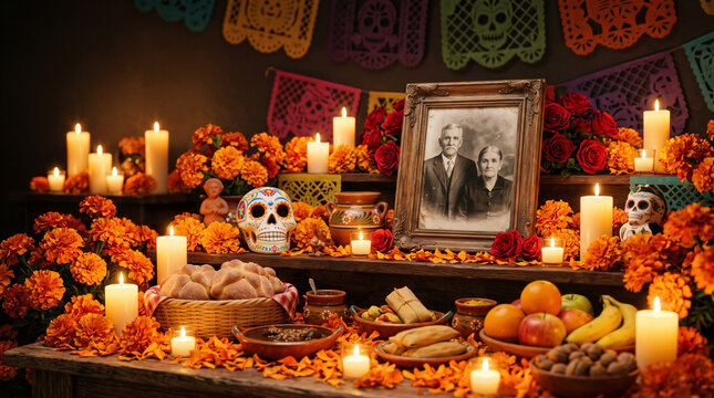 Candlelit Mexican Day of the Dead altar with calavera skulls, cempas&uacute;chil flowers, food offerings and an old family photograph arranged for ancestral remembrance, D&iacute;a de los Muertos, traditional ofren