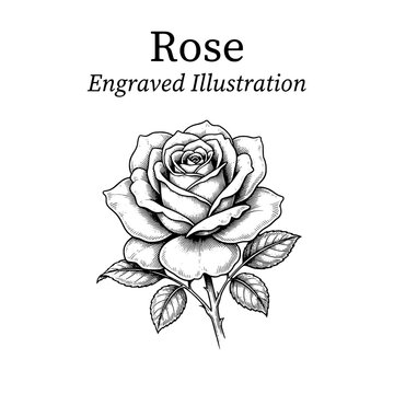 Rose engraved illustration showing a detailed design with leaves in traditional black and white line art style