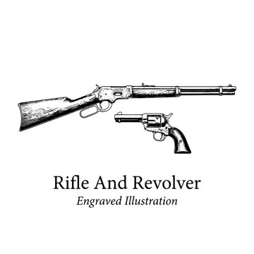 Rifle and revolver engraved illustration showing a classic firearm design in black and white