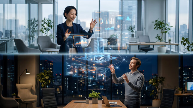 A split-screen view of a woman in a daytime office and a man in a nighttime office interacting with holographic data interfaces and 3D digital projections
