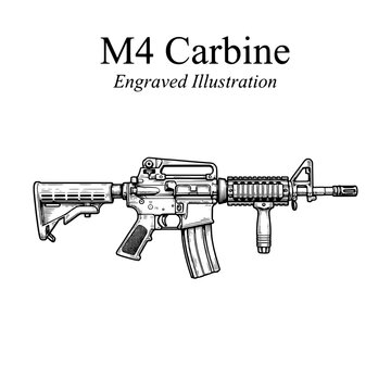 M4 Carbine engraved illustration in black and white line art style depicting a detailed firearm design
