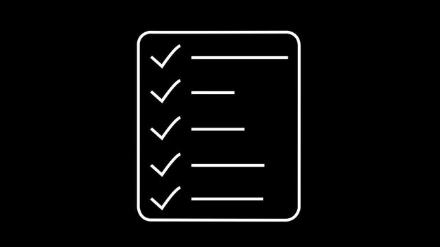A simple line drawing depicts a checklist with five check marks indicating completed tasks. document clipboard icon. Animation of 4k video.