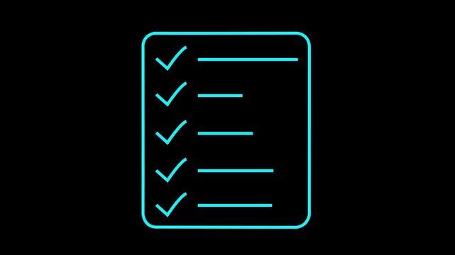 A simple line drawing depicts a checklist with five check marks indicating completed tasks. document clipboard icon. Animation of 4k video.