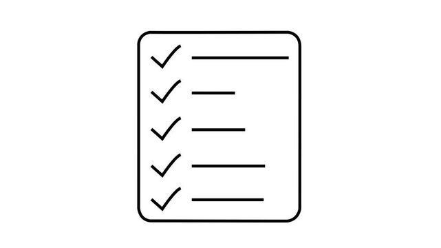 A simple line drawing depicts a checklist with five check marks indicating completed tasks. document clipboard icon. Animation of 4k video.
