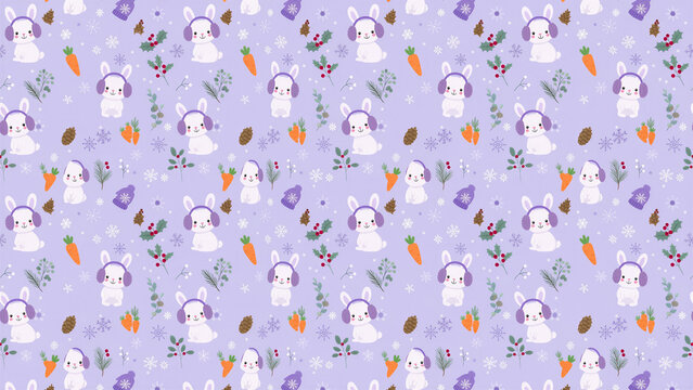 Seamless pattern featuring little rabbits in purple tones.